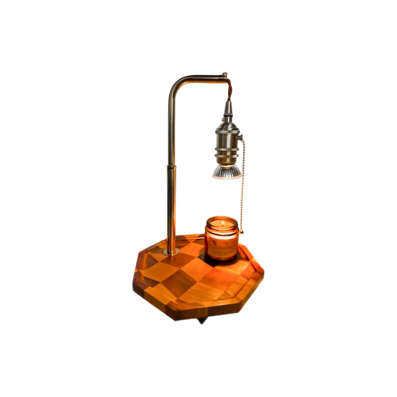 Retro sviečková teplejšia lampa s mosadzou a drevom - pozlátený úsvit